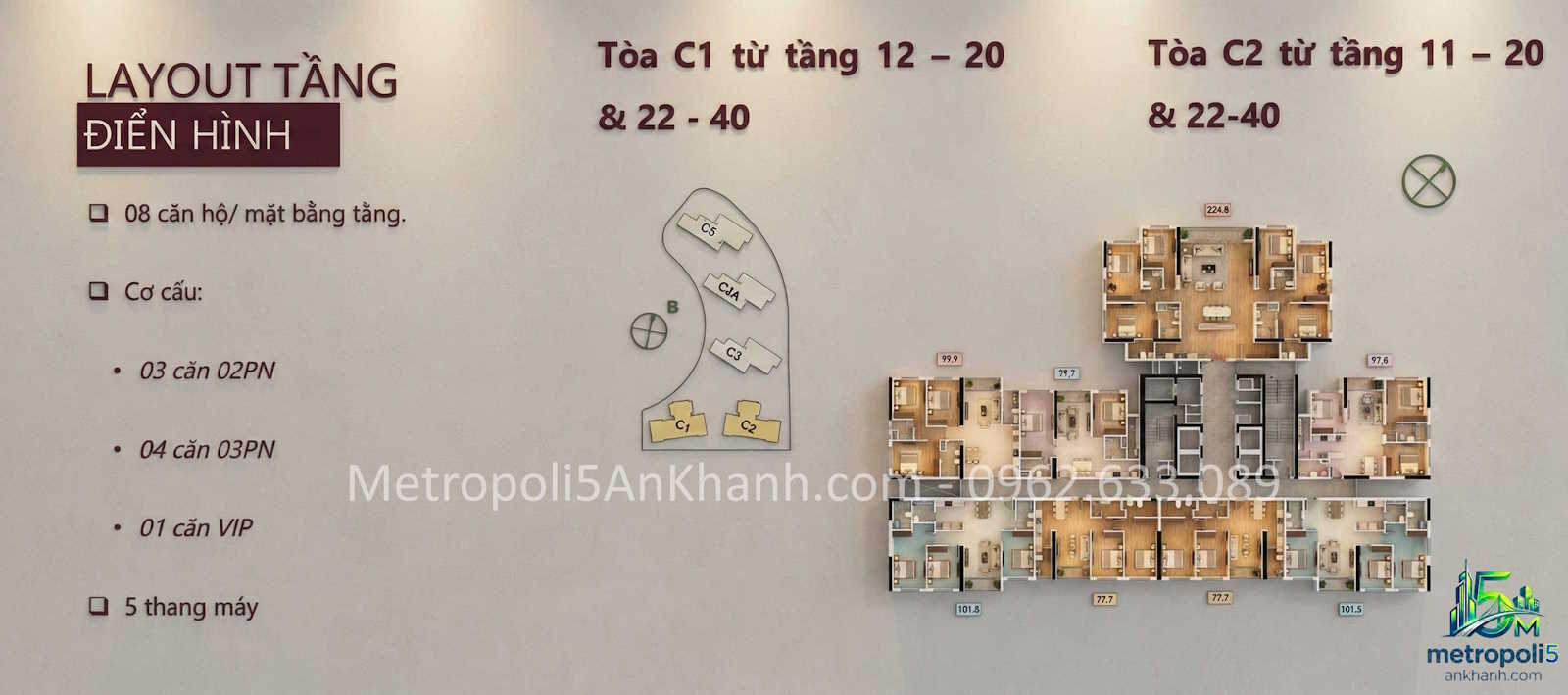 Layout tầng điển hình 08 căn/sàn - C1 tầng 12-20 và 22-40, C2 tầng 11-20 và 22-40 - Metropoli 5 An Khánh