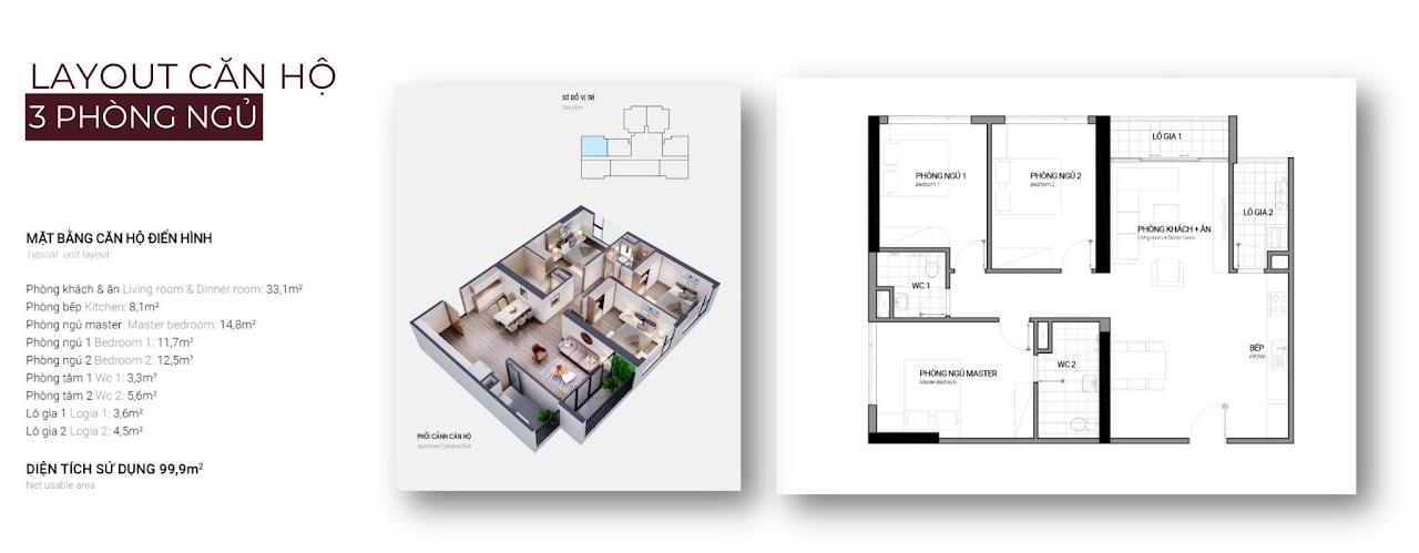 Layout căn hộ 3PN 99.9 m2 Metropoli 5 An Khánh - không gian khách bếp lớn