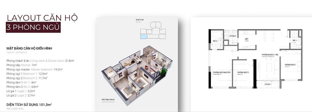 Layout căn hộ 3PN 101.5 m2 Metropoli 5 An Khánh - khách bếp mạch lạc, phòng ngủ tách yên tĩnh