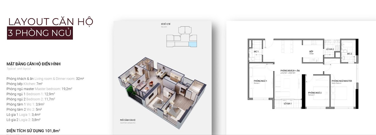 Layout căn hộ 3PN 101.8 m2 Metropoli 5 An Khánh - không gian khách bếp và logia rộng