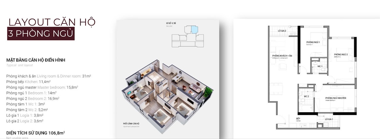 Layout căn hộ 3PN 106.8 m2 Metropoli 5 An Khánh - mặt bằng rộng, 2 logia